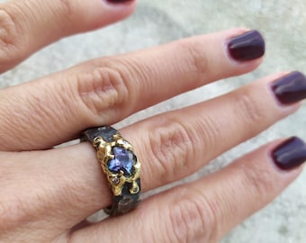 Tanzanite solitaire gold diamonds, fluid chaos ring, brutalist rustic