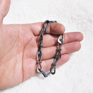 Men's bracelet with brutalist chain in black silver, rustic infinity bracelet, burnished hammered silver links image 6