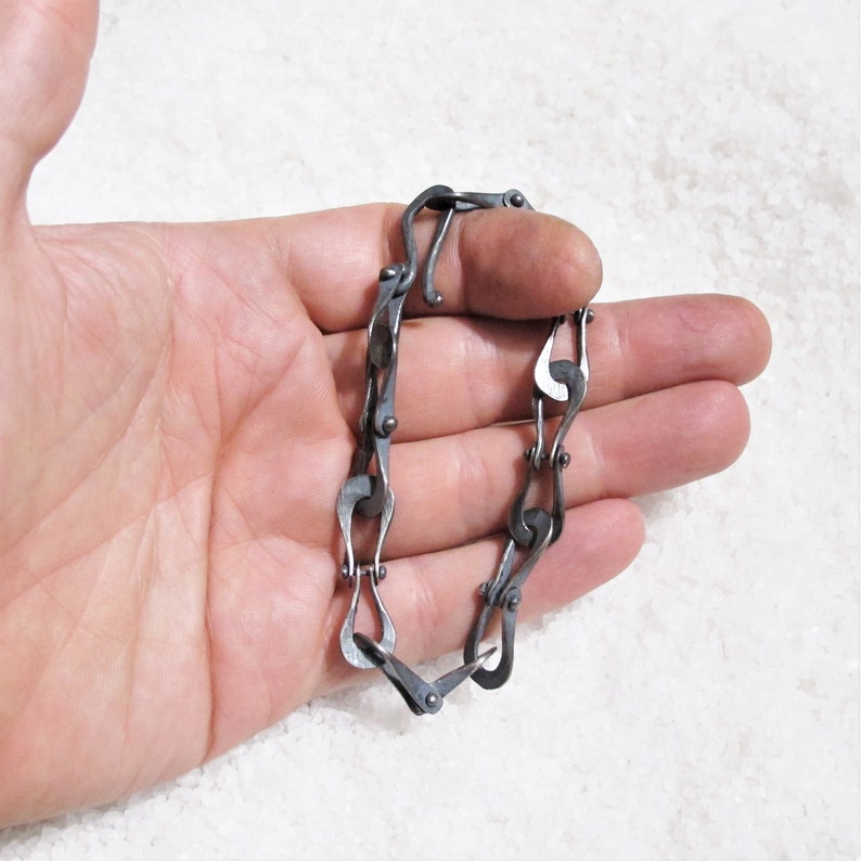 Men's bracelet with brutalist chain in black silver, rustic infinity bracelet, burnished hammered silver links image 6