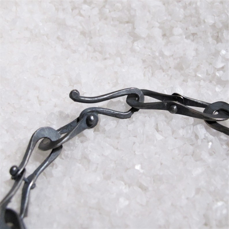 Men's bracelet with brutalist chain in black silver, rustic infinity bracelet, burnished hammered silver links image 3