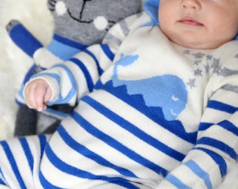 100% Pure Cashmere whale intarsia stripe Onesie. Baby shower gift. Luxury Baby Gift