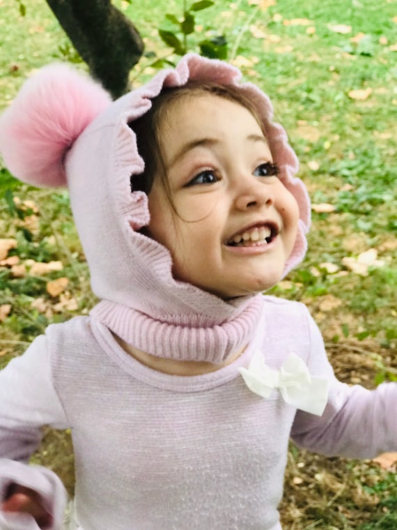Cappello passamontagna in puro cashmere rosa da bambina con pelliccia di  volpe Pom Pom -  Italia