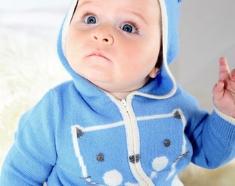 Baby Kitten Hoodie Top, with matching Pants 100% Cashmere, blue