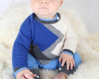 Infant Boys Color Block Cashmere Romper in Blue