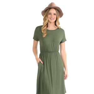 Short Sleeve Flare Midi Dress With Pockets Olive - Etsy