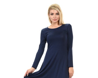 Long Sleeve A line Midi Dress Navy Etsy Canada