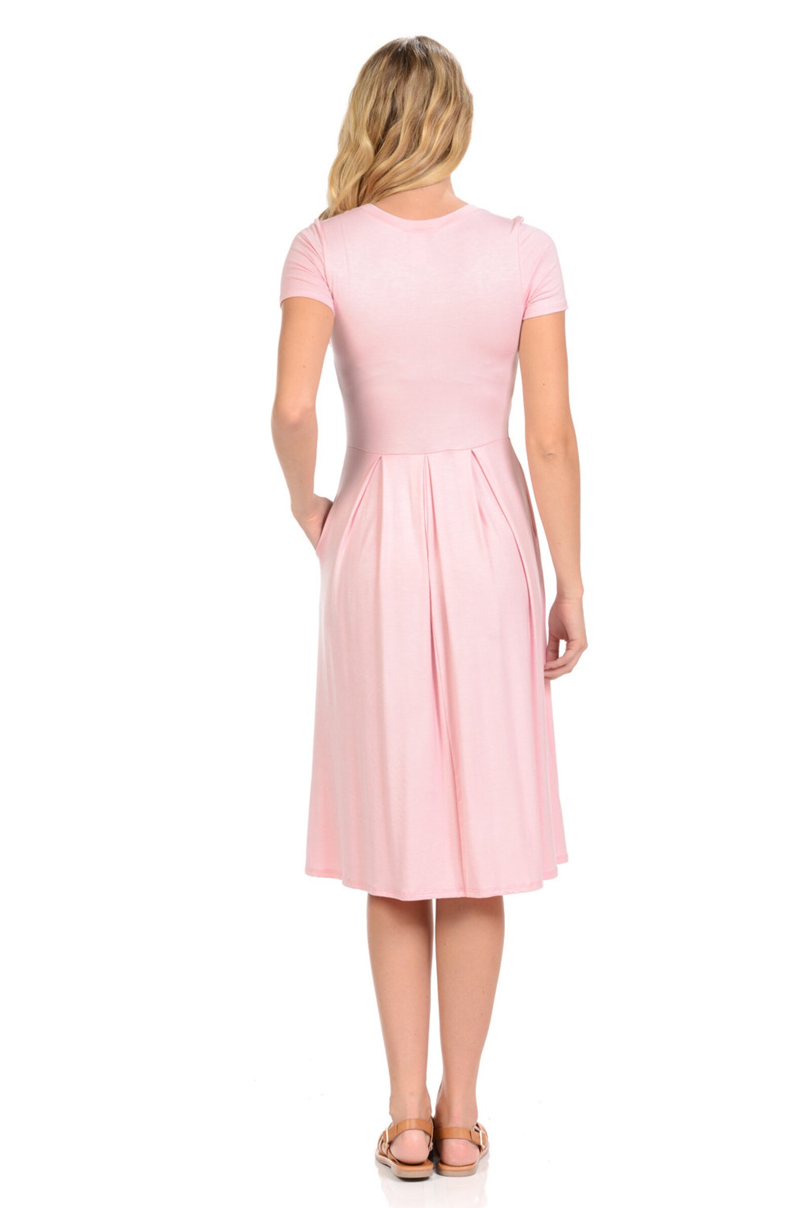 Short Sleeve Pleated Midi Dress With Pockets Pink Etsy UK