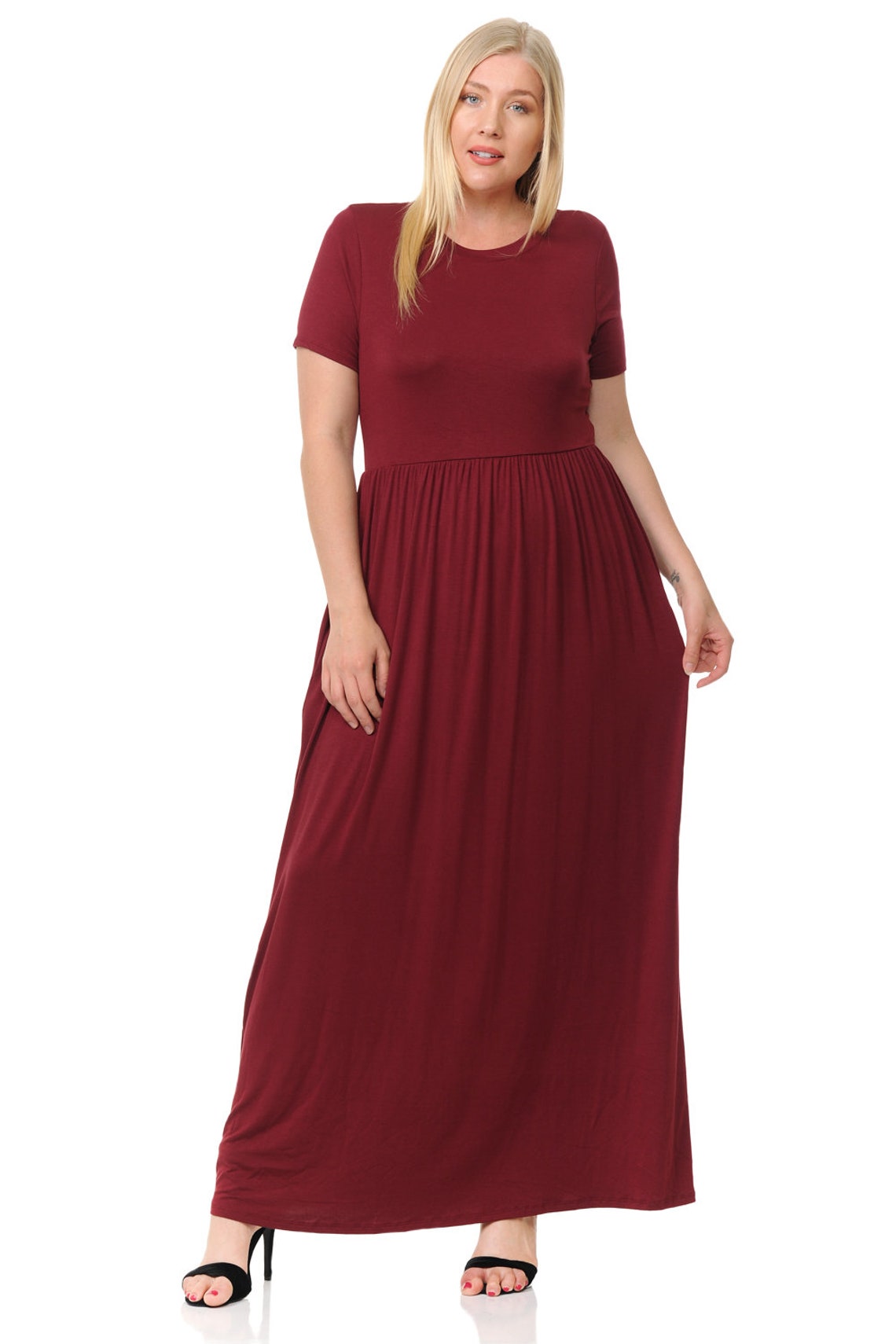 Plus Size Short Sleeve Maxi Dress With Pockets Burgundy - Etsy