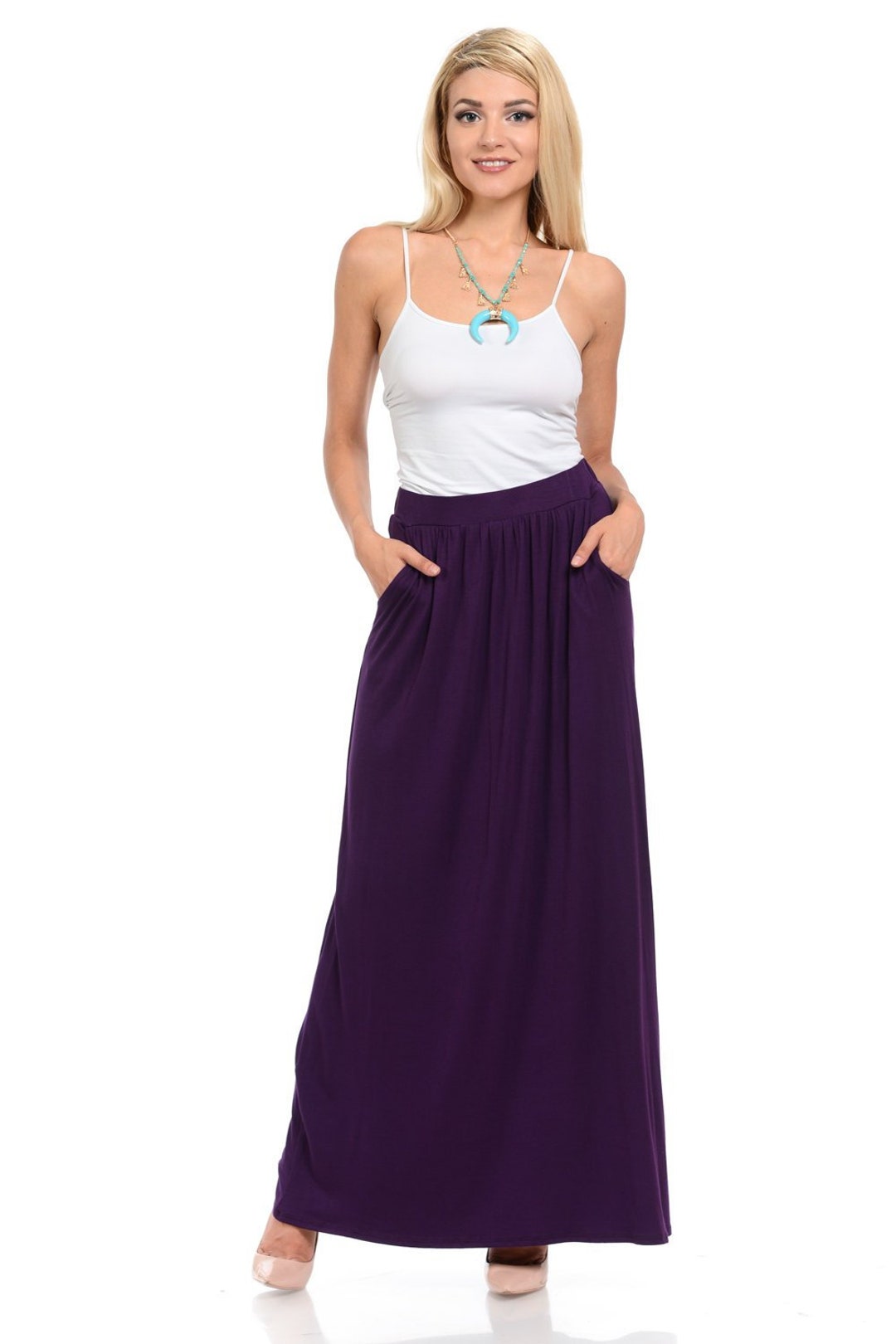 Maxi Skirt With Elastic Waistband and Pockets Eggplant Etsy