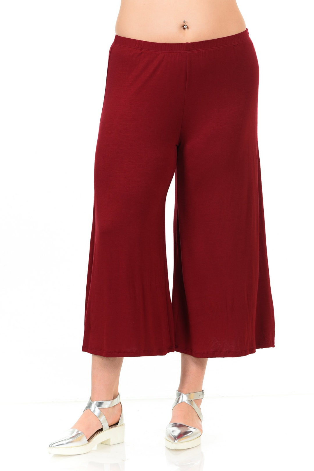 Plus Size Elastic Waist Wide Leg Crop Culottes Pants Burgundy - Etsy