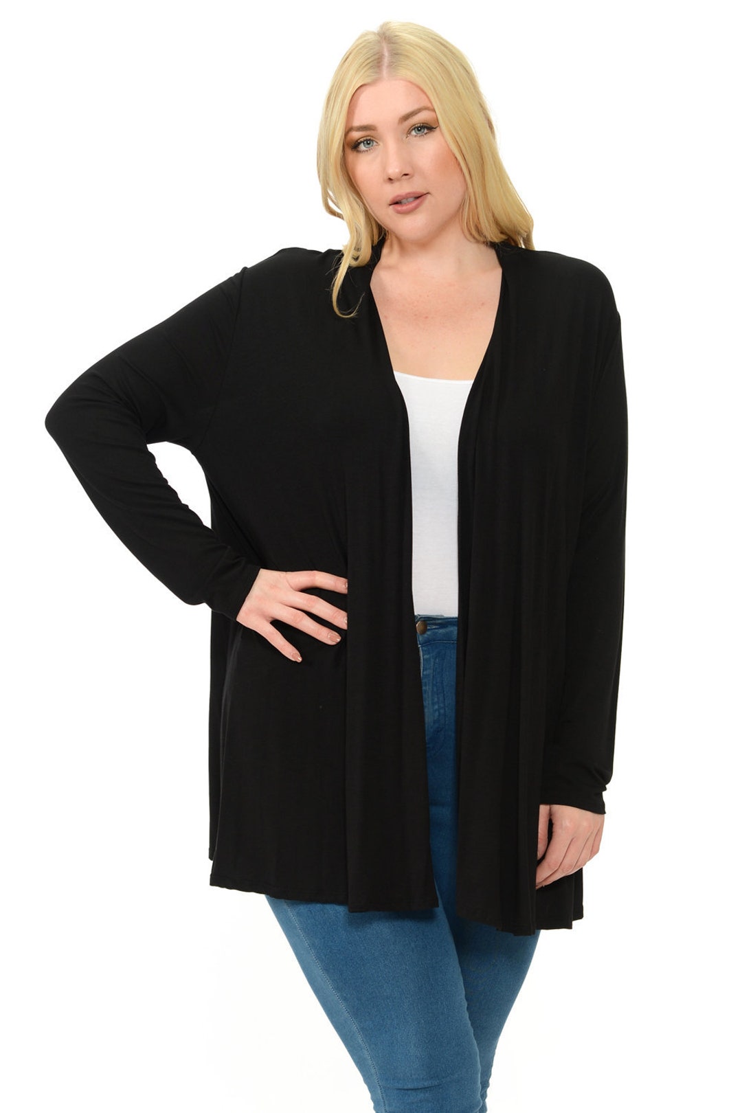 Plus Size Long Sleeve Jersey Cardigan Black Etsy