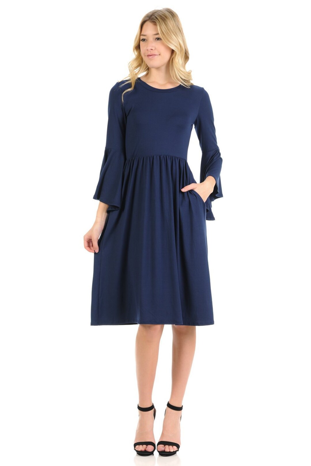 Fit and Flare Dress With Dramatic Bell Sleeve Navy - Etsy
