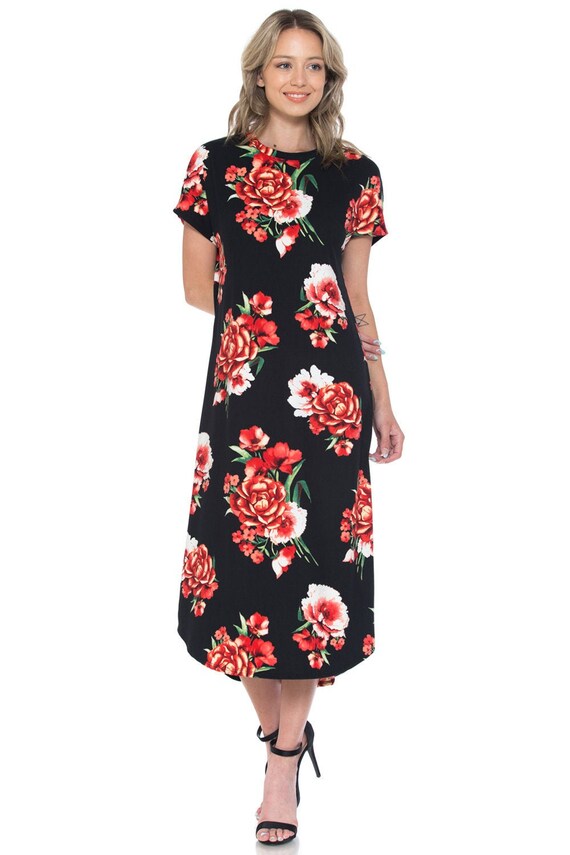A-line Short Sleeve Midi Dress Floral Black Red | Etsy