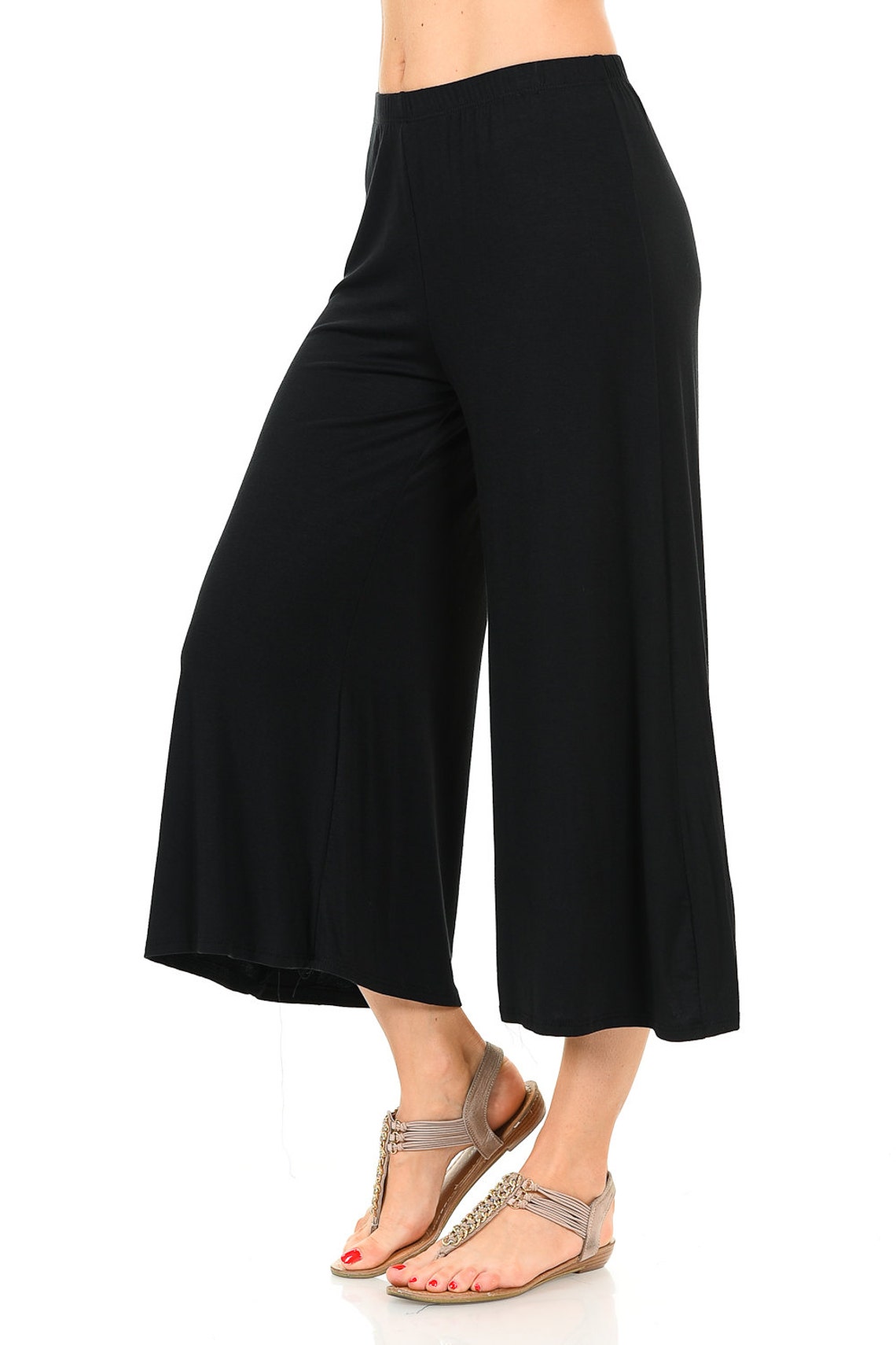 Elastic Waist Culottes Pants Black | Etsy