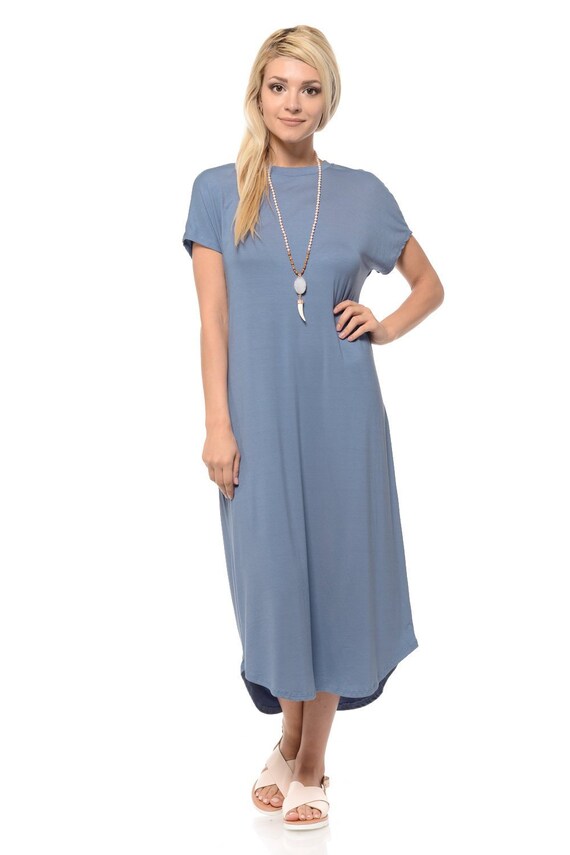 short sleeve denim midi dress