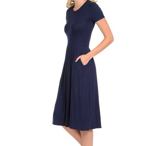 Short Sleeve Pleated Midi Dress With Pockets Navy - Etsy