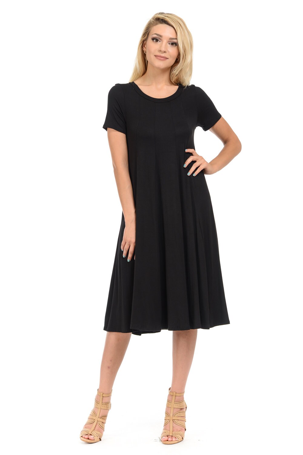 Short Sleeve A-line Paneled Midi Dress Black - Etsy