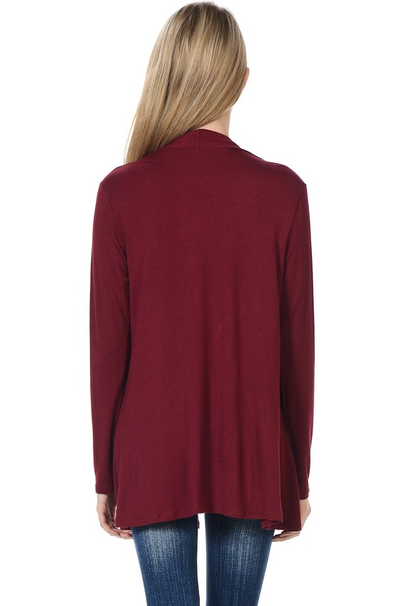 Solid Rayon Spandex Long Sleeve Jersey Cardigan Sweater Burgundy