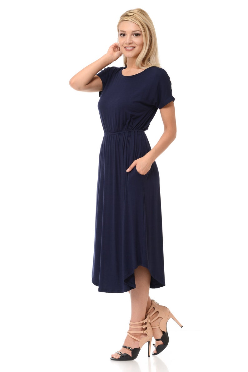Short Sleeve Flare Midi Dress With Pockets Navy - Etsy