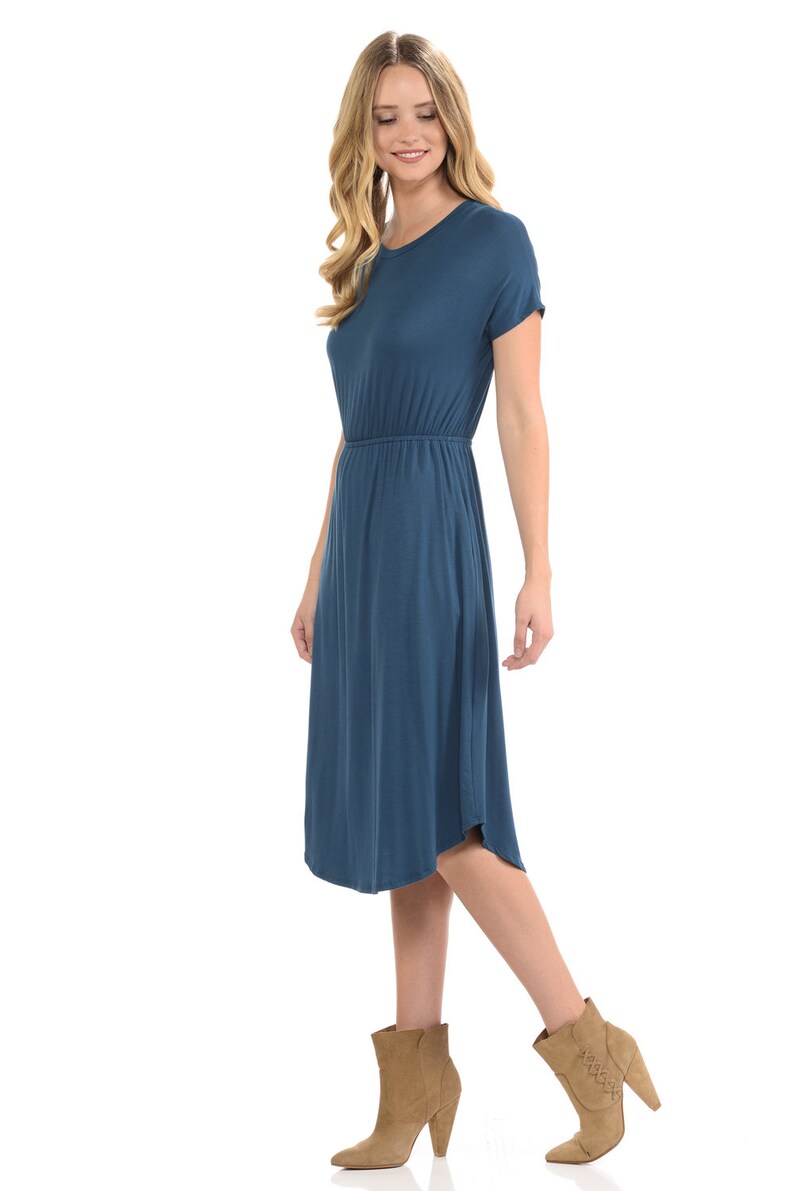 Short Sleeve Flare Midi Dress with Pockets Denim