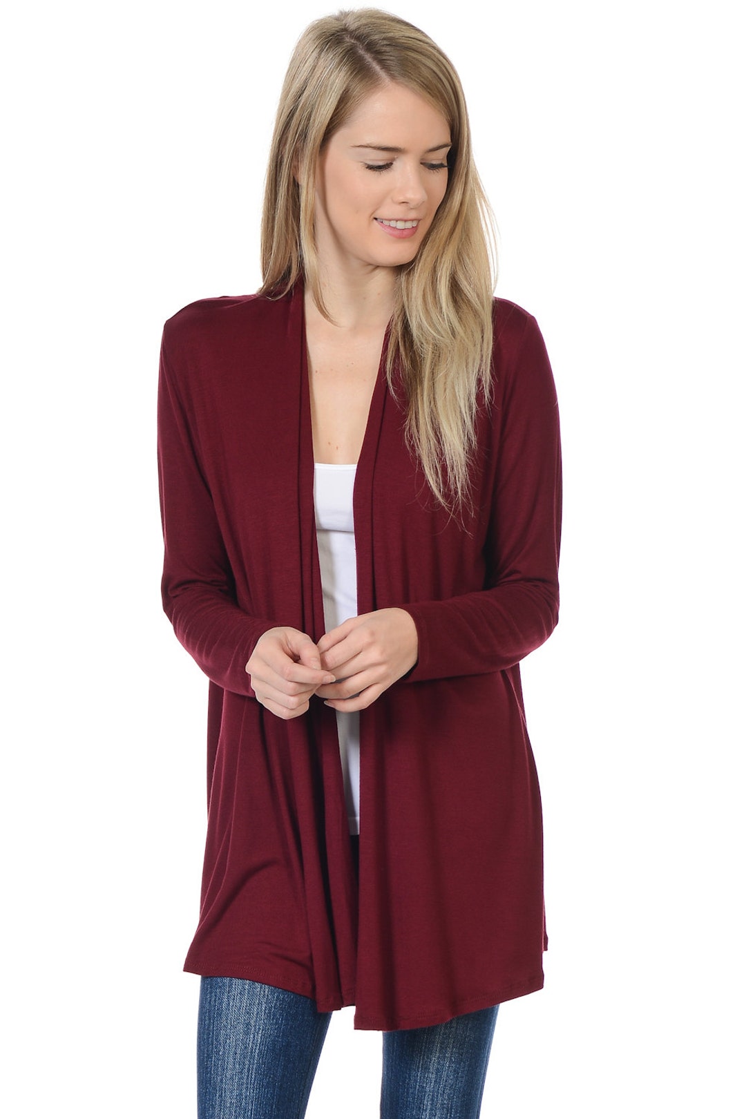 Solid Rayon Spandex Long Sleeve Jersey Cardigan Sweater Burgundy - Etsy