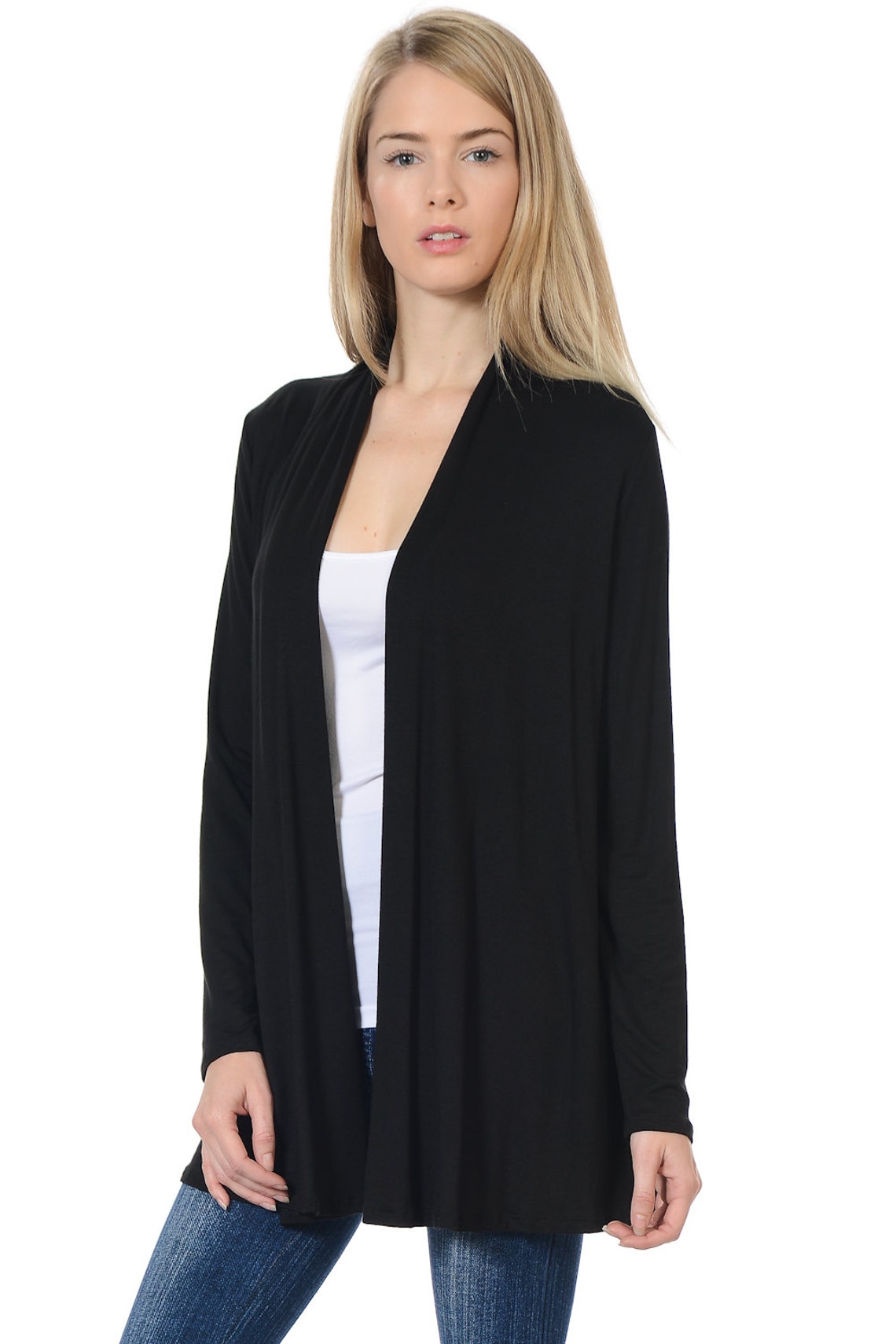 Solid Rayon Spandex Long Sleeve Jersey Cardigan Sweater Black Etsy
