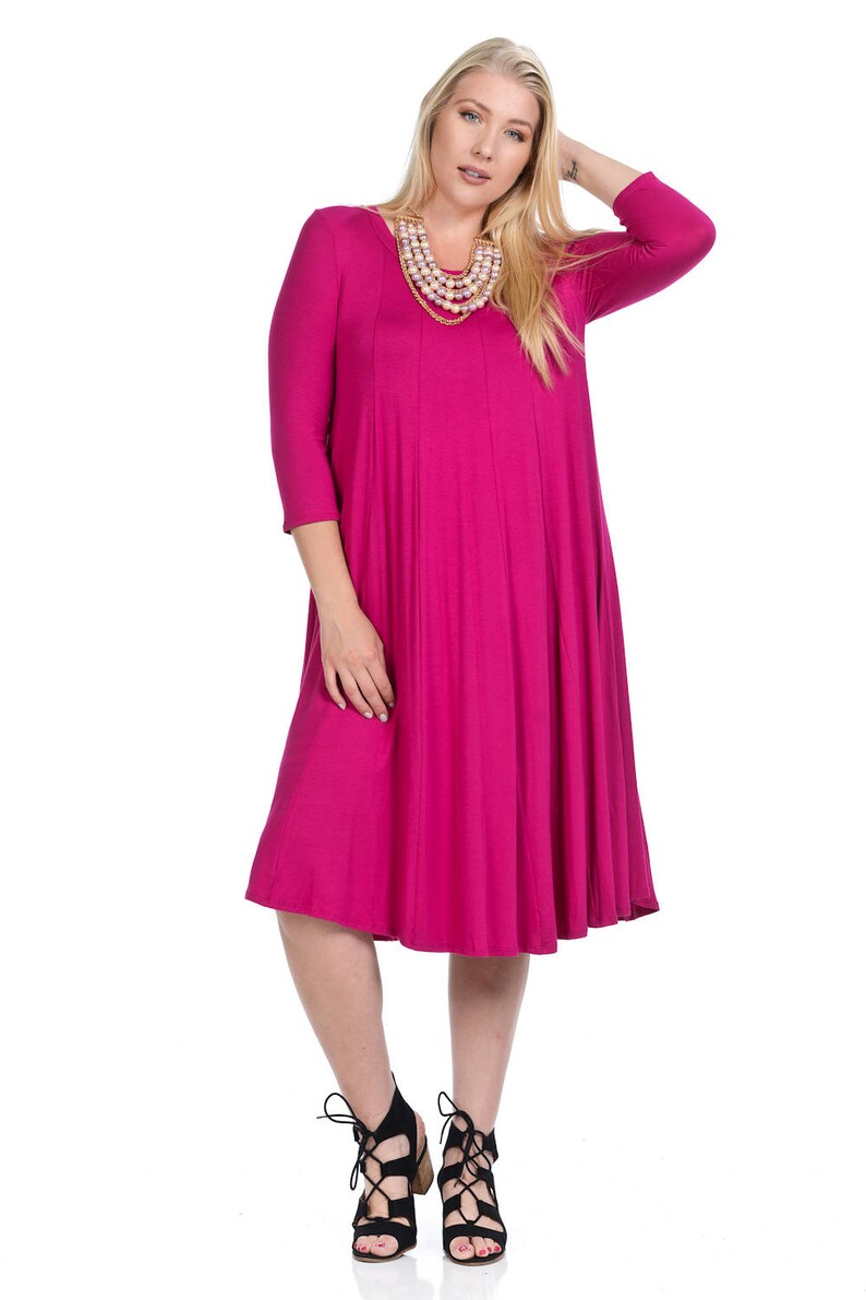 Plus Size A-Line Trapeze Midi Dress Magenta