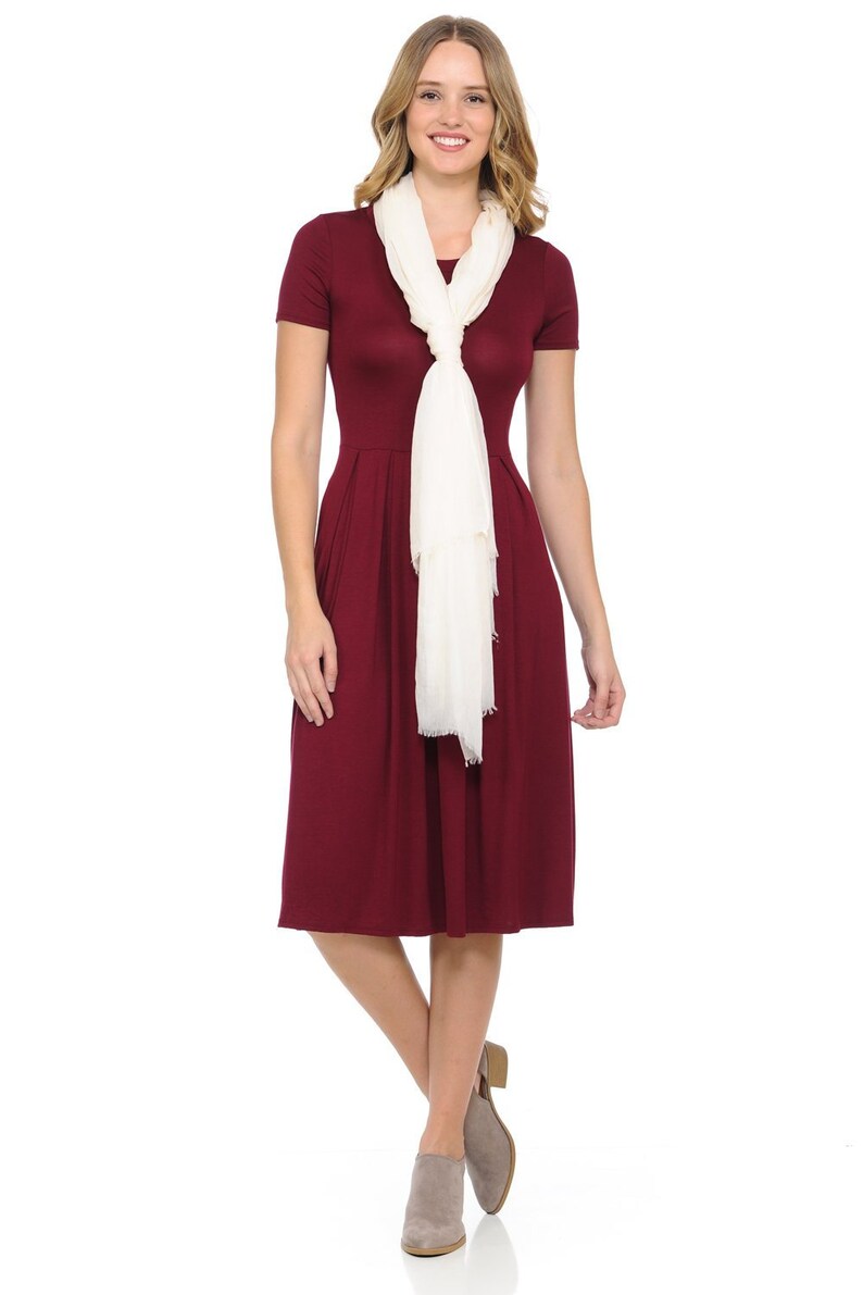 Short Sleeve Pleated Midi Dress with Pockets Burgundy