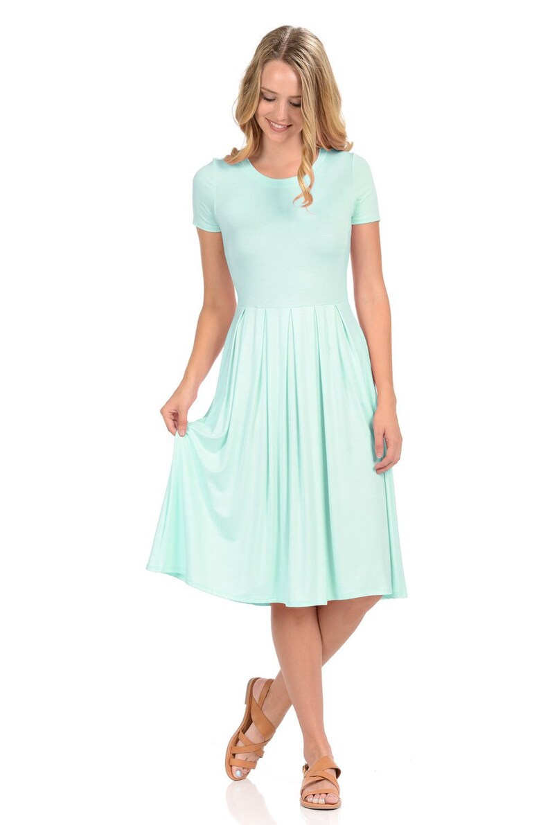 Short Sleeve Pleated Midi Dress with Pockets Mint | Etsy