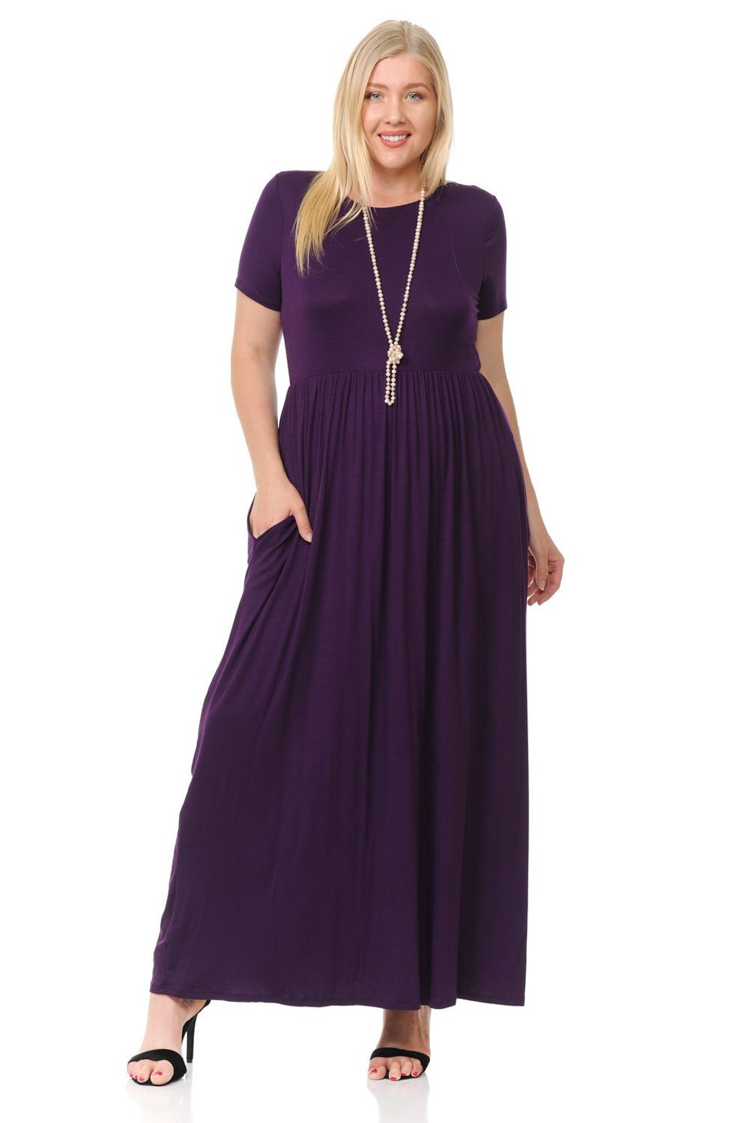 Plus Size Short Sleeve Maxi Dress With Pockets Eggplant - Etsy
