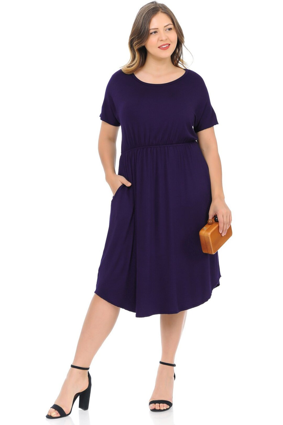 Plus Size Midi Dress With Pockets and Elastic Waist Eggplant - Etsy
