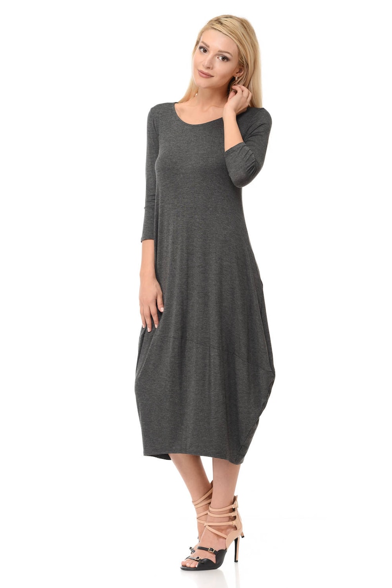 3/4 Sleeve Cocoon Midi Dress With Pocket Charcoal - Etsy