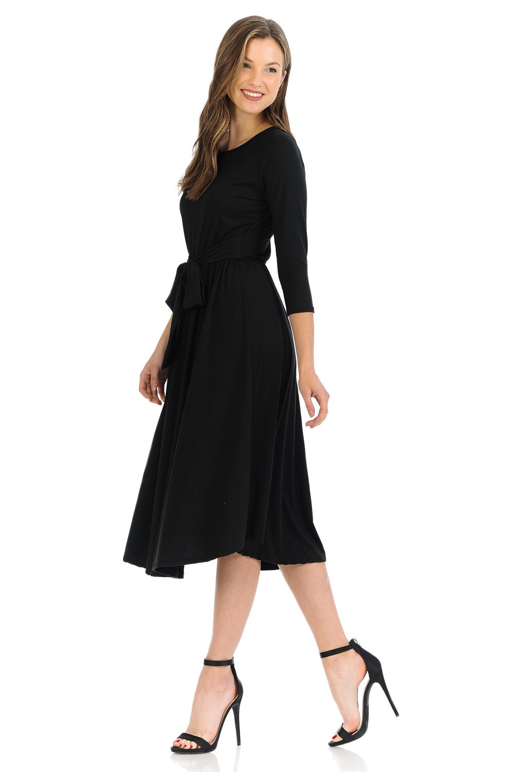 A-Line Midi Dress with Waist Tie Black | Etsy