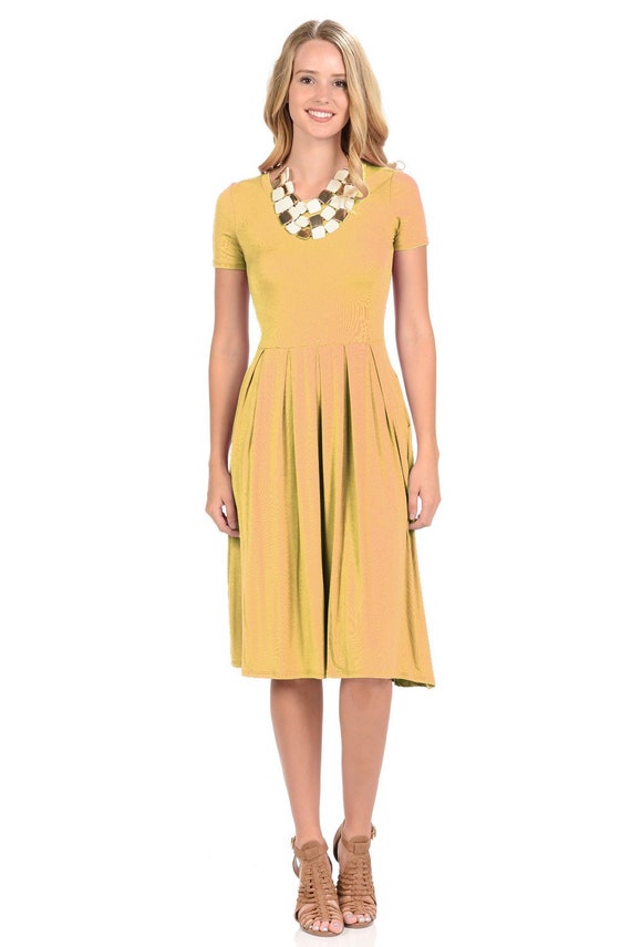 mustard pleated midi dress