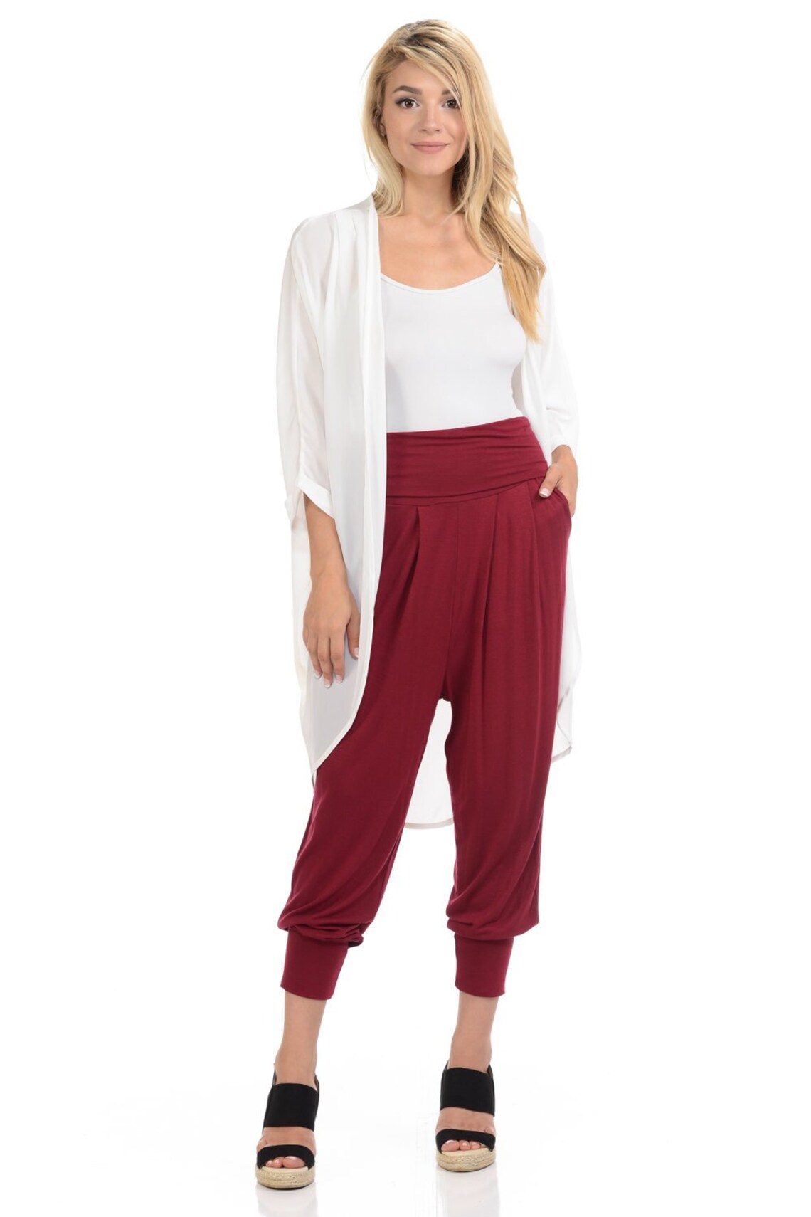 Banded Waist Harem Jogger Pants With Pockets Burgundy Etsy