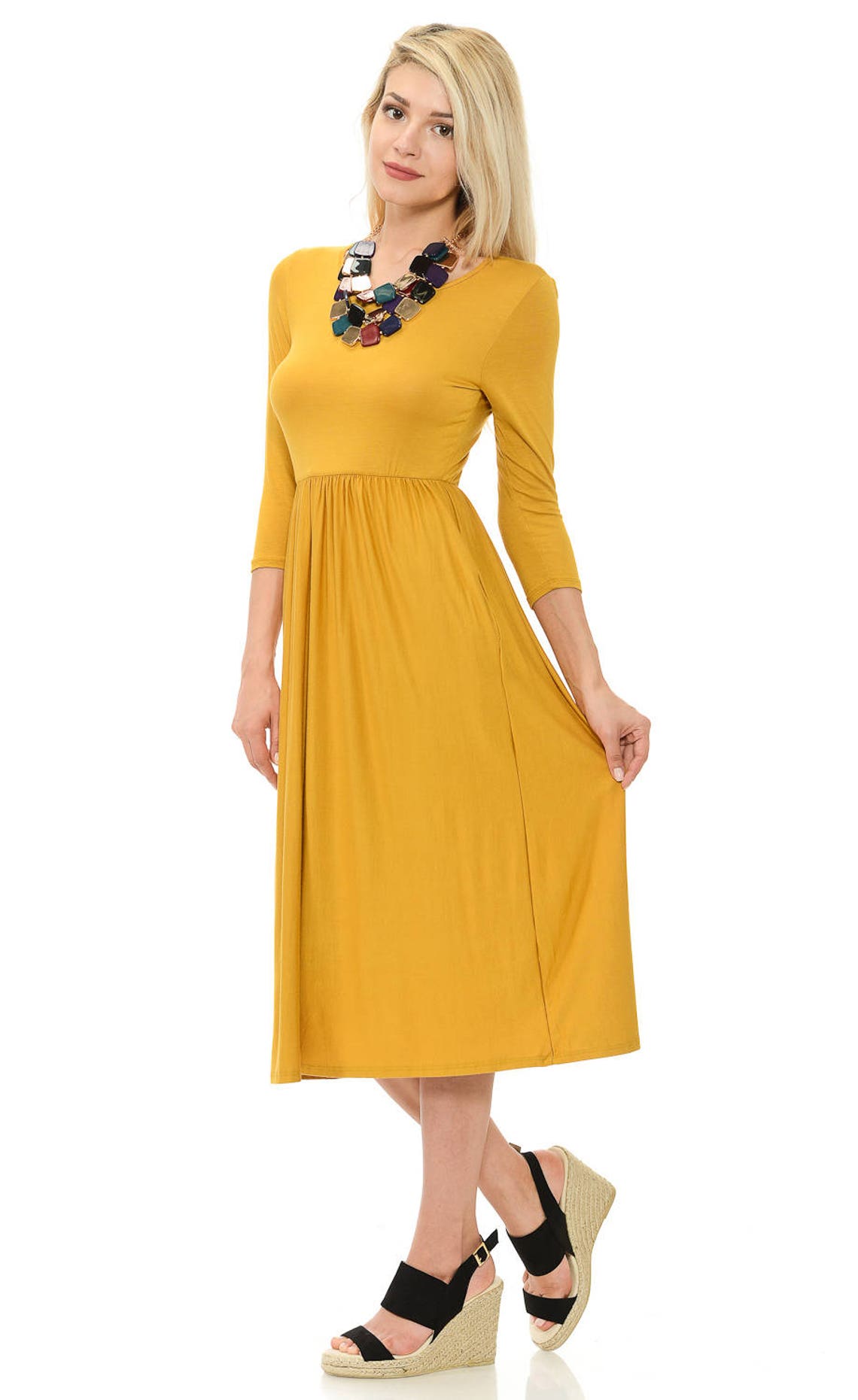 Fit and Flare Midi Dress With Pockets Mustard Solid - Etsy