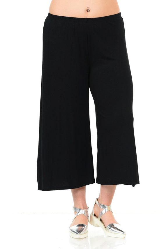 Plus Size Elastic Waist Wide Leg Crop Culottes Pants Black - Etsy