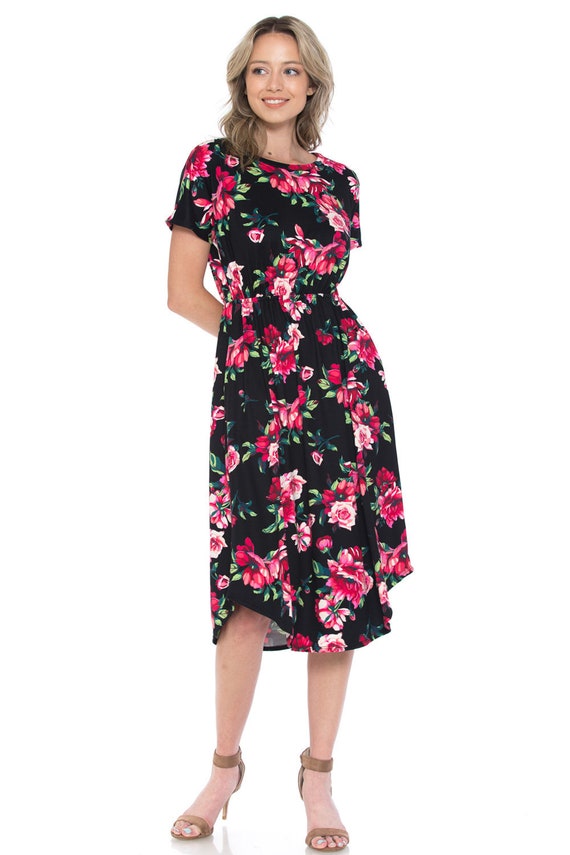 Short Sleeve Flare Midi Dress With Pockets Floral Black | Etsy