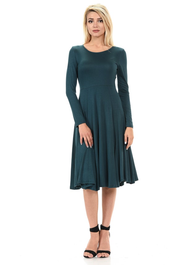 Long Sleeve Fit and Flare Midi Dress Hunter Green - Etsy