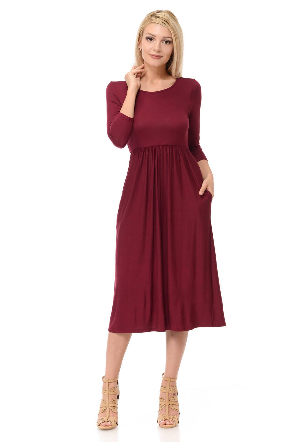 Fit and Flare Midi Dress With Pockets Burgundy Solid - Etsy