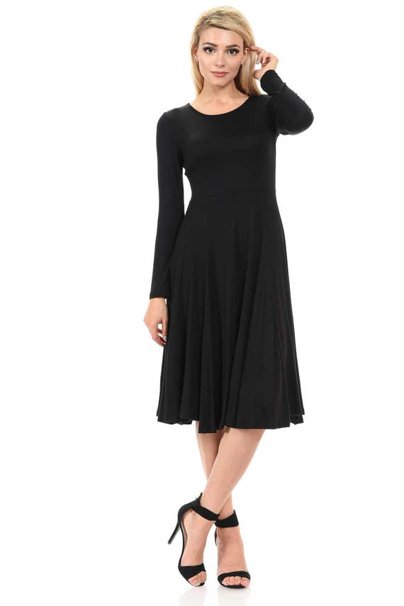 PastelByVivienne Long Sleeve Fit and Flare Midi Dress Black