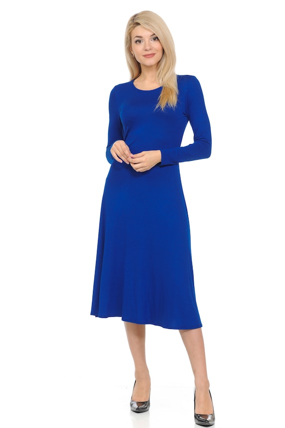 Long Sleeve A-Line Midi Dress Royal 