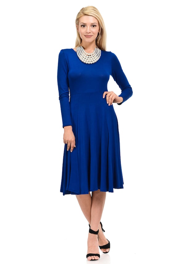 Long Sleeve Fit and Flare Midi Dress Royal Blue - Etsy