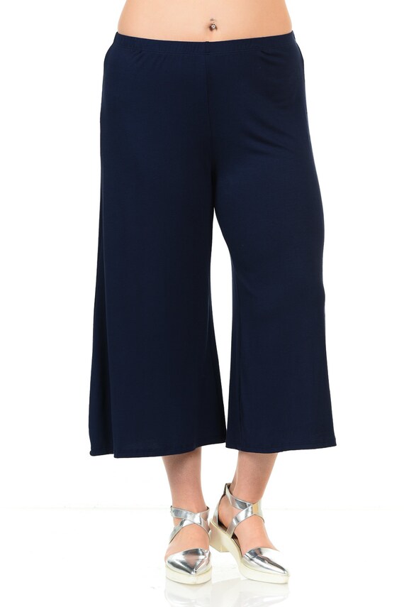 Plus Size Elastic Waist Wide Leg Crop Culottes Pants Navy | Etsy