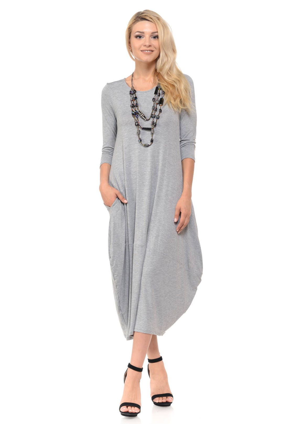 3/4 Sleeve Cocoon Midi Dress With Pocket Heather Grey - Etsy