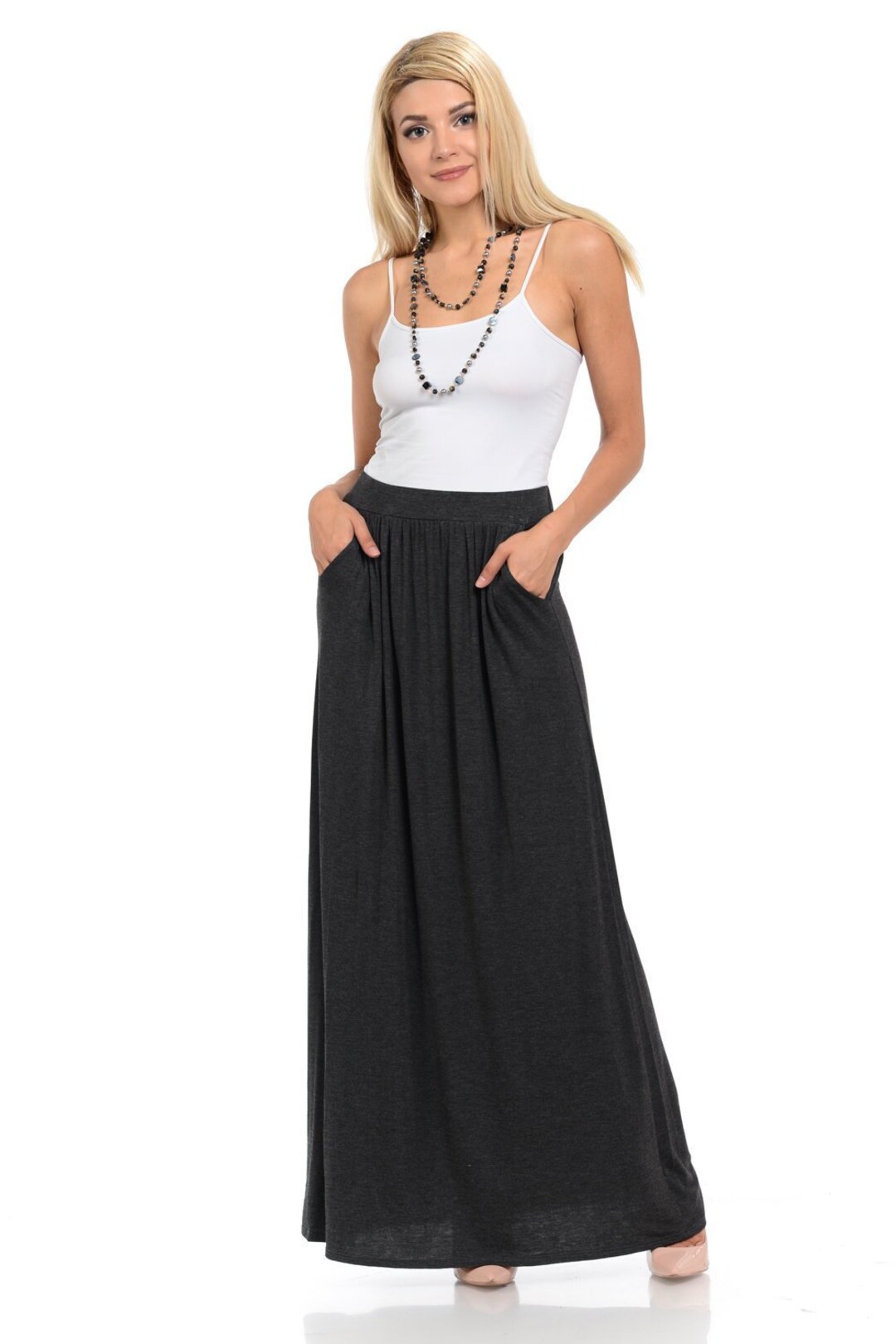 Maxi Skirt With Elastic Waistband and Pockets Charcoal Etsy