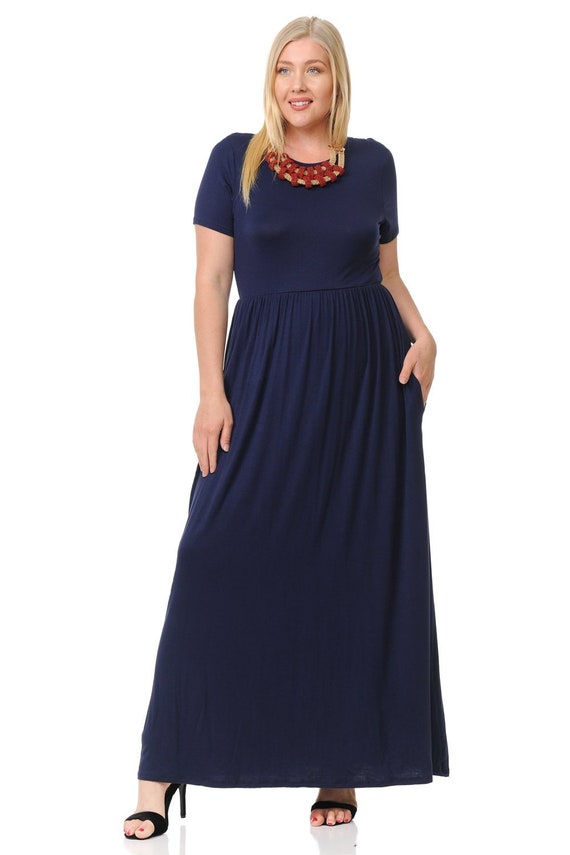 Plus Size Short Sleeve Maxi Dress With Pockets Navy - Etsy