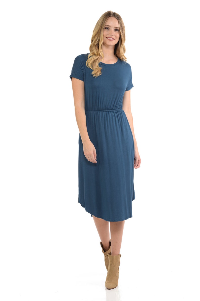 Short Sleeve Flare Midi Dress with Pockets Denim