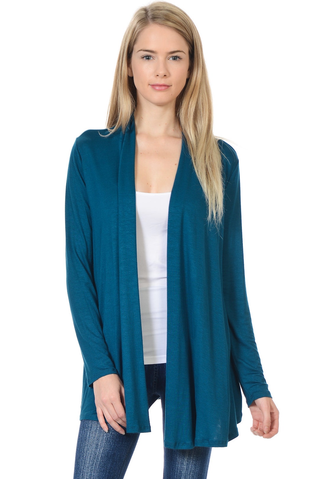 Solid Rayon Spandex Long Sleeve Jersey Cardigan Sweater Teal - Etsy