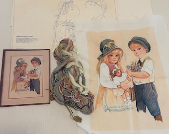 Jan Hagara Stitchery Kit. Canvas has been stitched, about 100 stitches worked. Threads & Original Instructions.